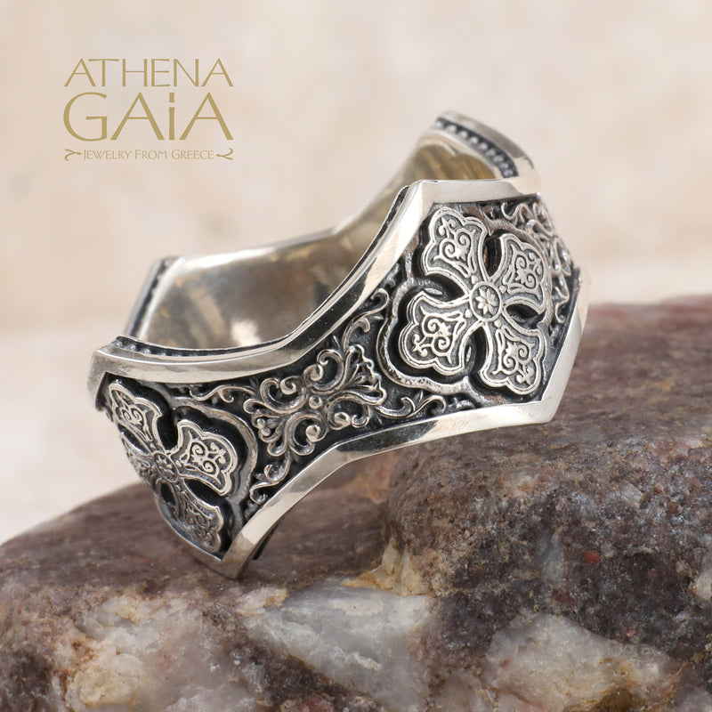 Butterfly Cross Band Ring - Sterling Silver - Orthodox Cross Ring