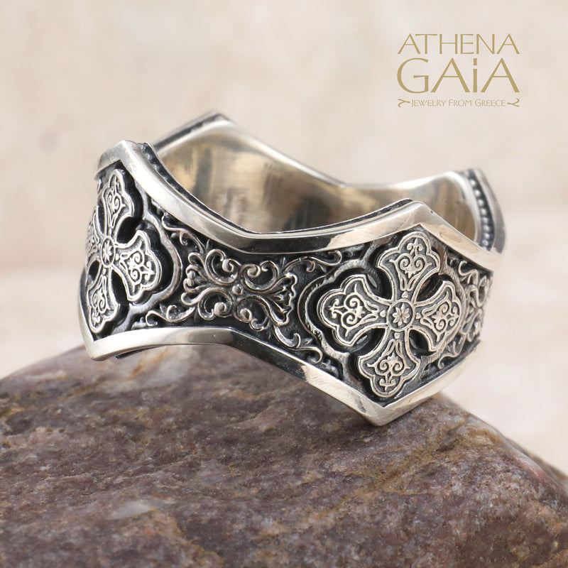 Butterfly Cross Band Ring - Sterling Silver - Orthodox Cross Ring