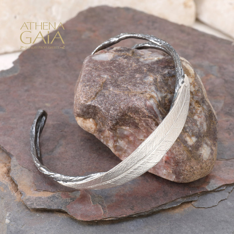 Long Leaf Noir Sterling Cuff Bracelet - Sterling Silver Bracelet