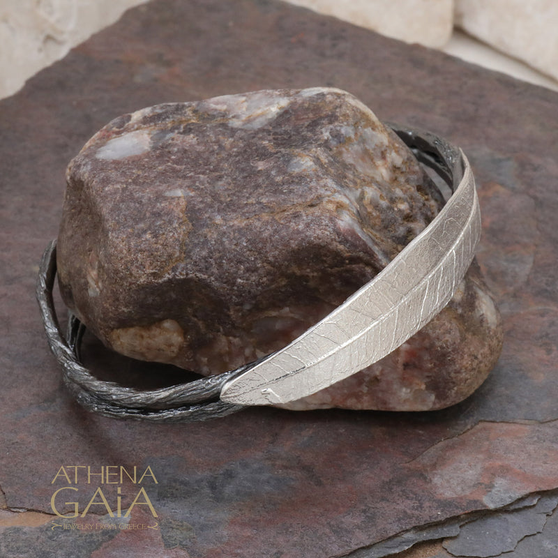 Long Leaf Noir Sterling Cuff Bracelet - Sterling Silver Bracelet