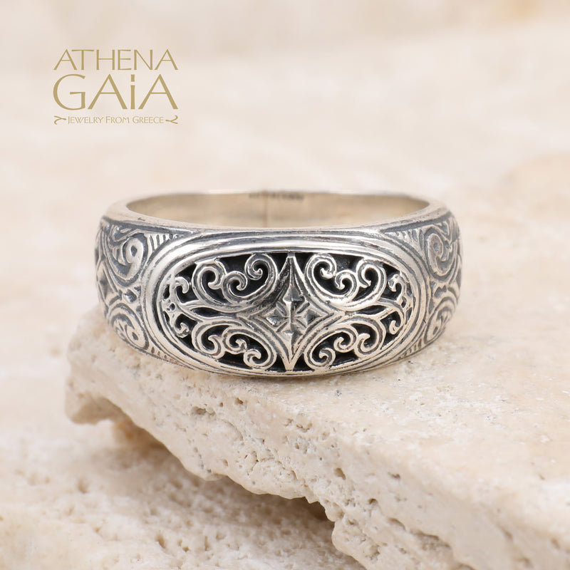 Mediterranean Elliptical Face Band Ring - Sterling Silver - Stackable Ring