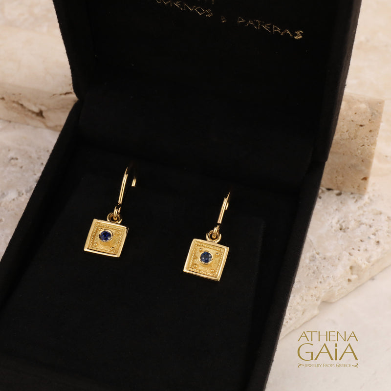 Sapphire Byzantine Embroidery Small Square Earrings - 18k Gold - French Wire Earrings (In-Stock)
