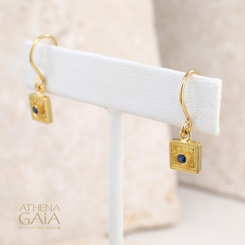 Sapphire Byzantine Embroidery Small Square Earrings - 18k Gold - French Wire Earrings (In-Stock)
