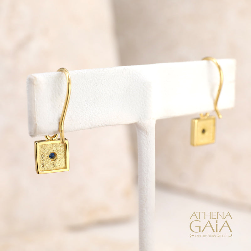 Sapphire Byzantine Embroidery Small Square Earrings - 18k Gold - French Wire Earrings (In-Stock)