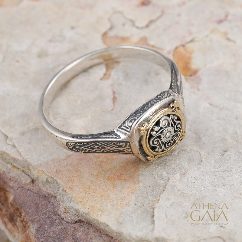 Alexander Filigree Ring - 18k Gold & Sterling Silver - Unisex Signet Ring