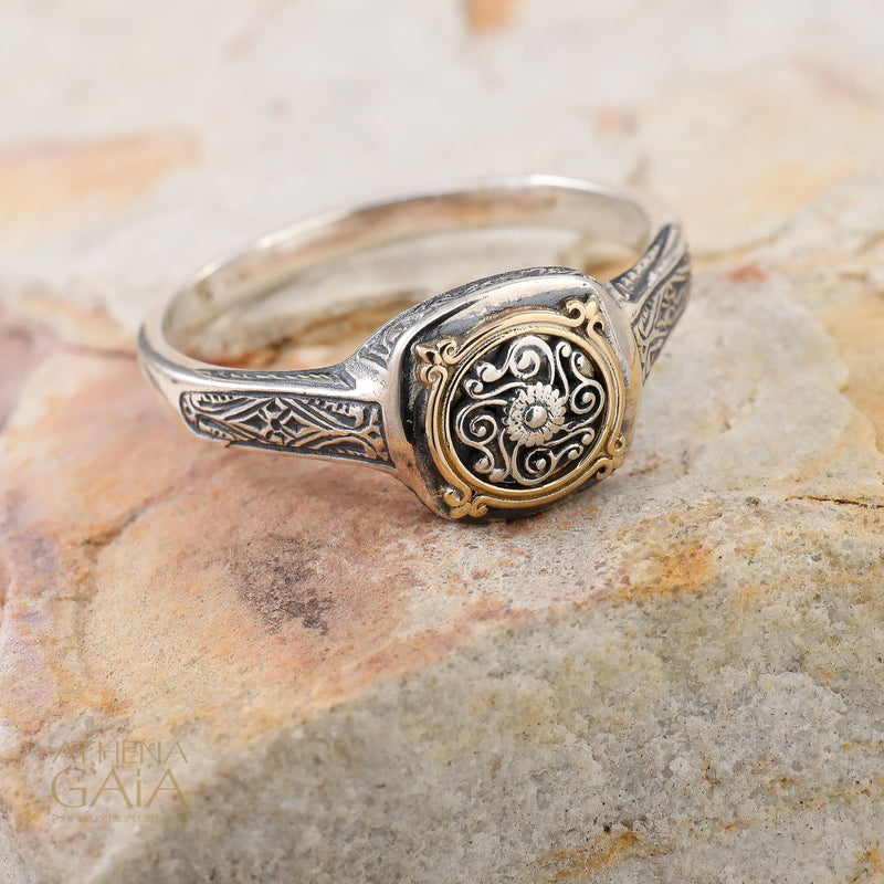 Alexander Filigree Ring - 18k Gold & Sterling Silver - Unisex Signet Ring