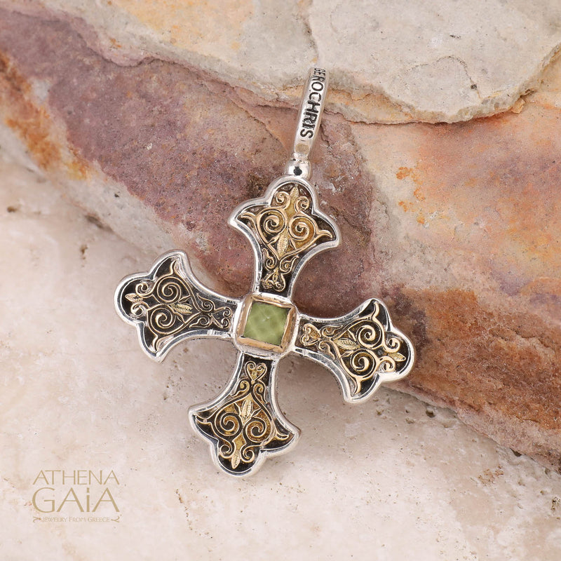 Aretousa Square Bezel Greek Cross (Medium) - 18k Gold & Sterling Silver - Orthodox Cross