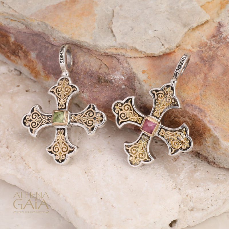 Aretousa Square Bezel Greek Cross (Medium) - 18k Gold & Sterling Silver - Orthodox Cross