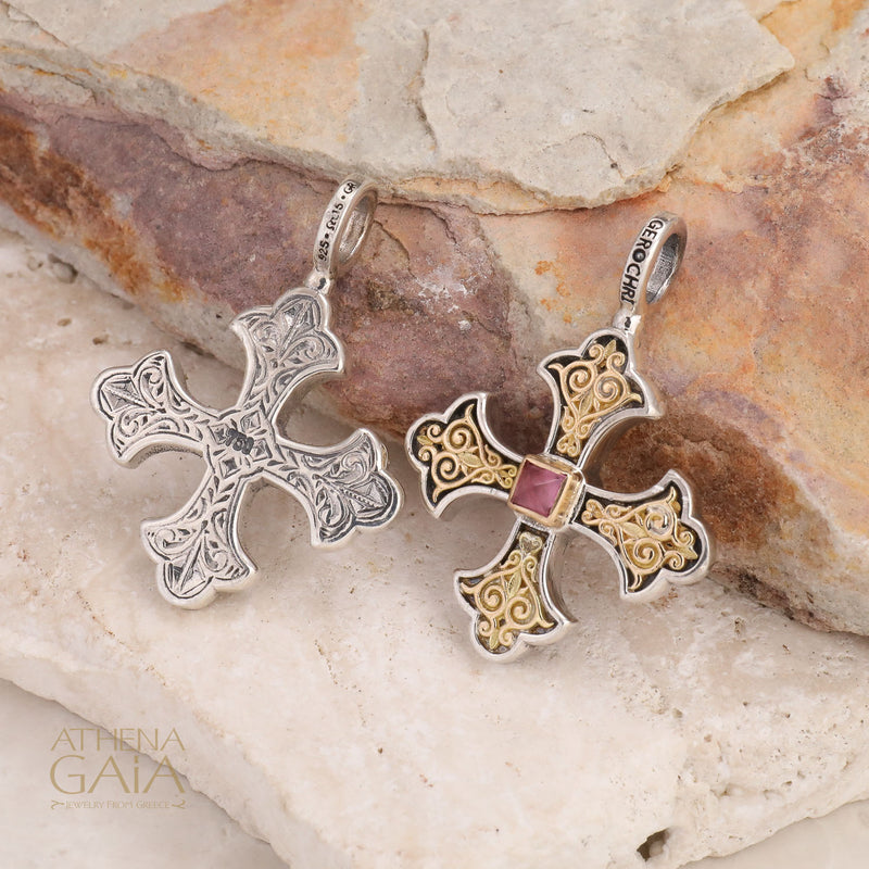 Aretousa Square Bezel Greek Cross (Medium) - 18k Gold & Sterling Silver - Orthodox Cross