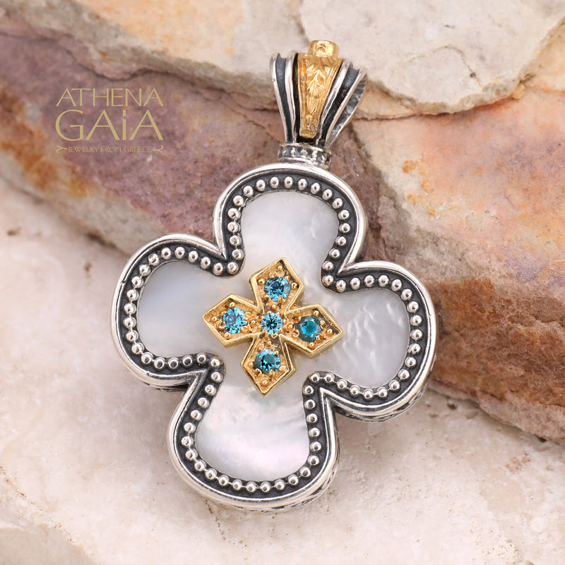 Mother of Pearl Expanding Greek Cross - Gold Plated Sterling Silver - Orthodox Cross Necklace