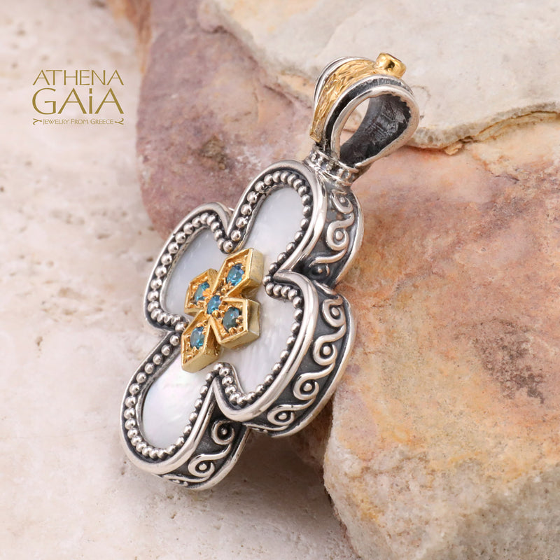 Mother of Pearl Expanding Greek Cross - Gold Plated Sterling Silver - Orthodox Cross Necklace
