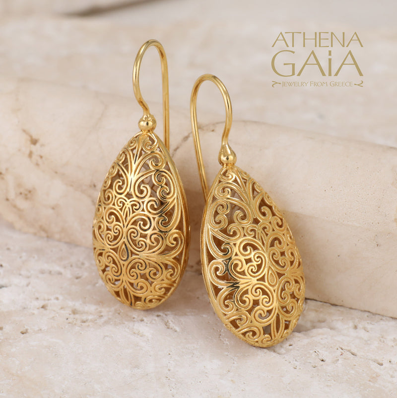 Kallisto Teardrop Filigree Earrings - Sterling Silver - French Wire Earrings