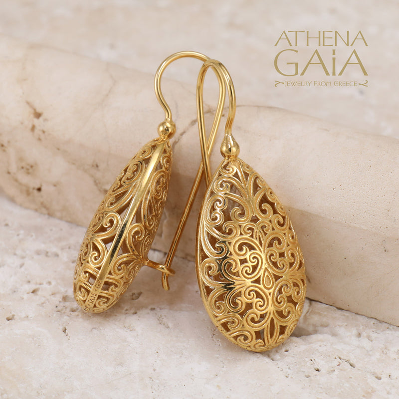 Kallisto Teardrop Filigree Earrings - Sterling Silver - French Wire Earrings