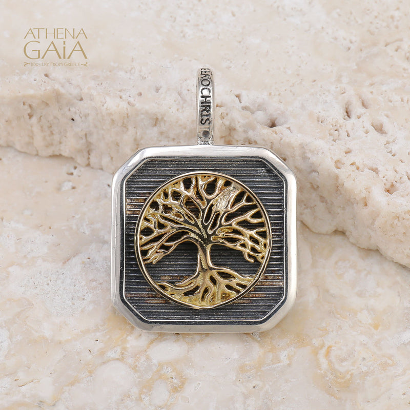 Tree of Life Square Pendant - 18k Gold & Sterling Silver - Talisman