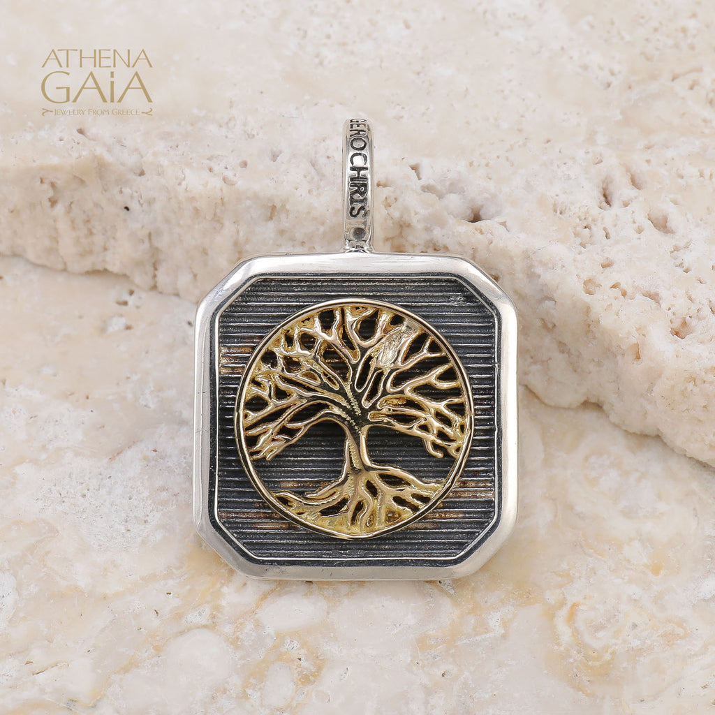 Tree of Life Square Pendant - 18k Gold & Sterling Silver - Talisman