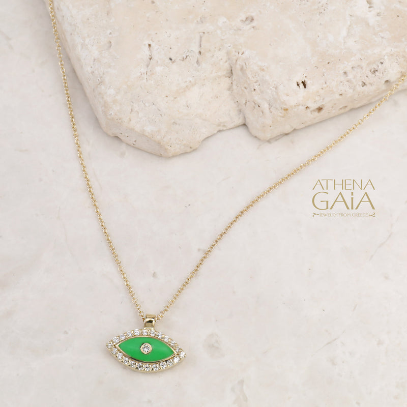 Pave Framed Mati Evil Eye Necklace - 14k Gold Necklace