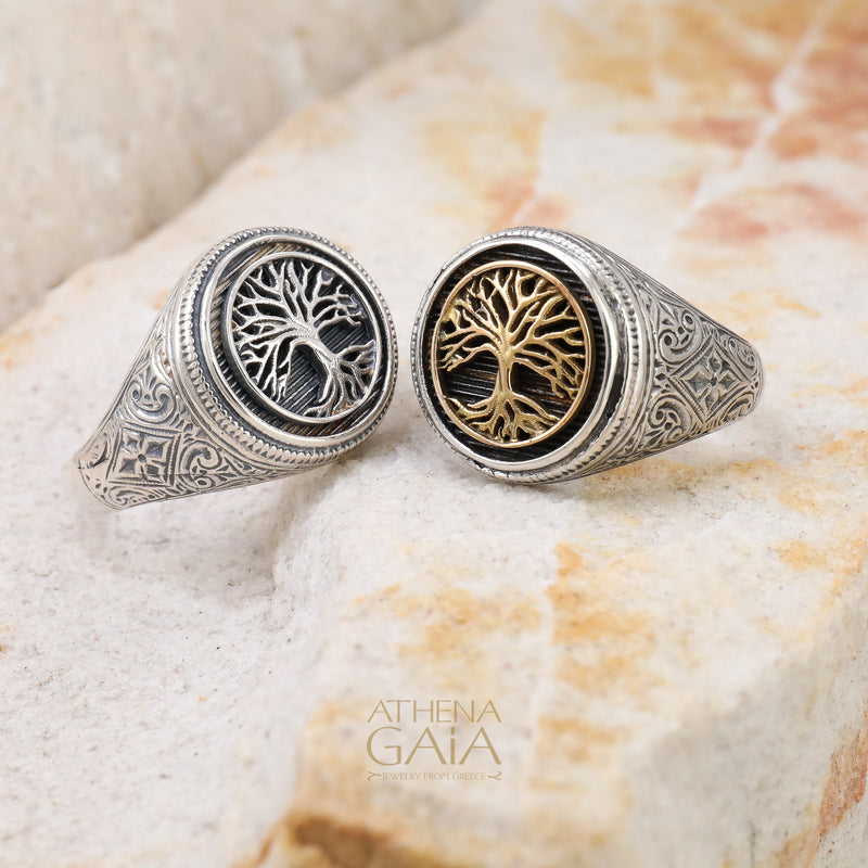 Golden Tree of Life Talisman Ring - 18k Gold & Sterling Silver - Signet Ring