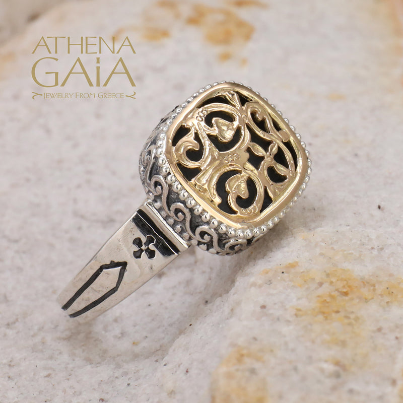 Garden Shadows Cushion Ring - 18k Gold & Sterling Silver Ring - Signet Ring