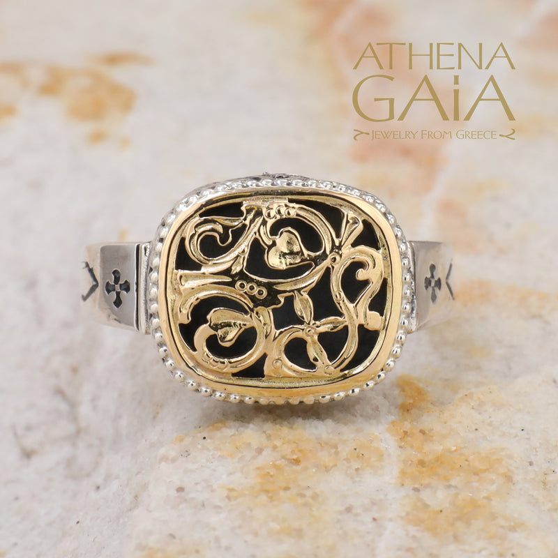 Garden Shadows Cushion Ring - 18k Gold & Sterling Silver Ring - Signet Ring