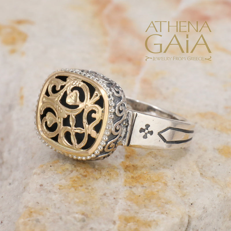 Garden Shadows Cushion Ring - 18k Gold & Sterling Silver Ring - Signet Ring