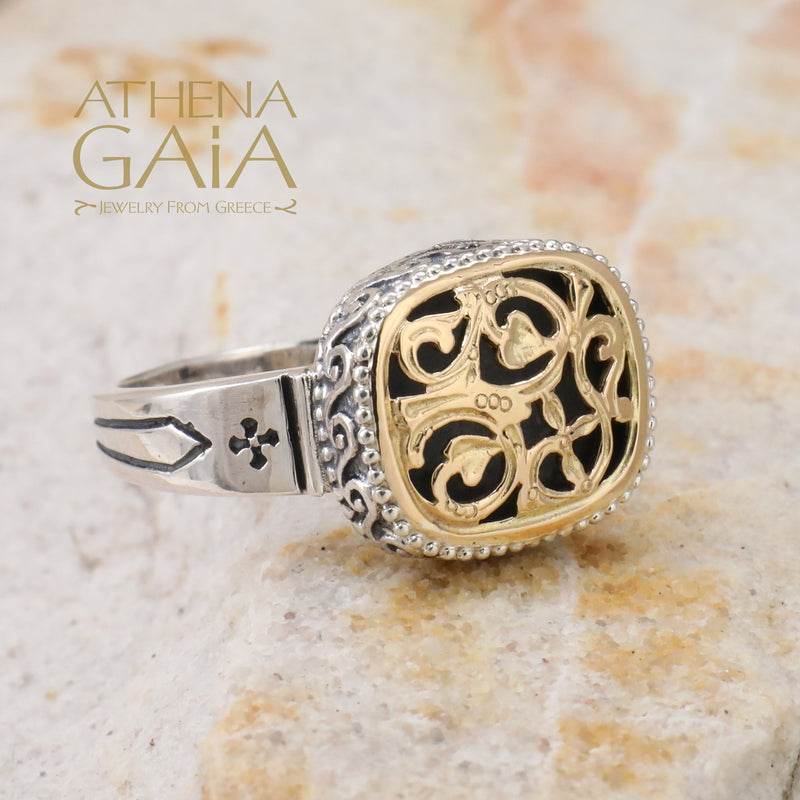 Garden Shadows Cushion Ring - 18k Gold & Sterling Silver Ring - Signet Ring
