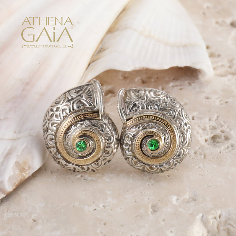 Thalassa Sea Snail with Stone Post Earrings - 18k Gold & Sterling Silver Earrings
