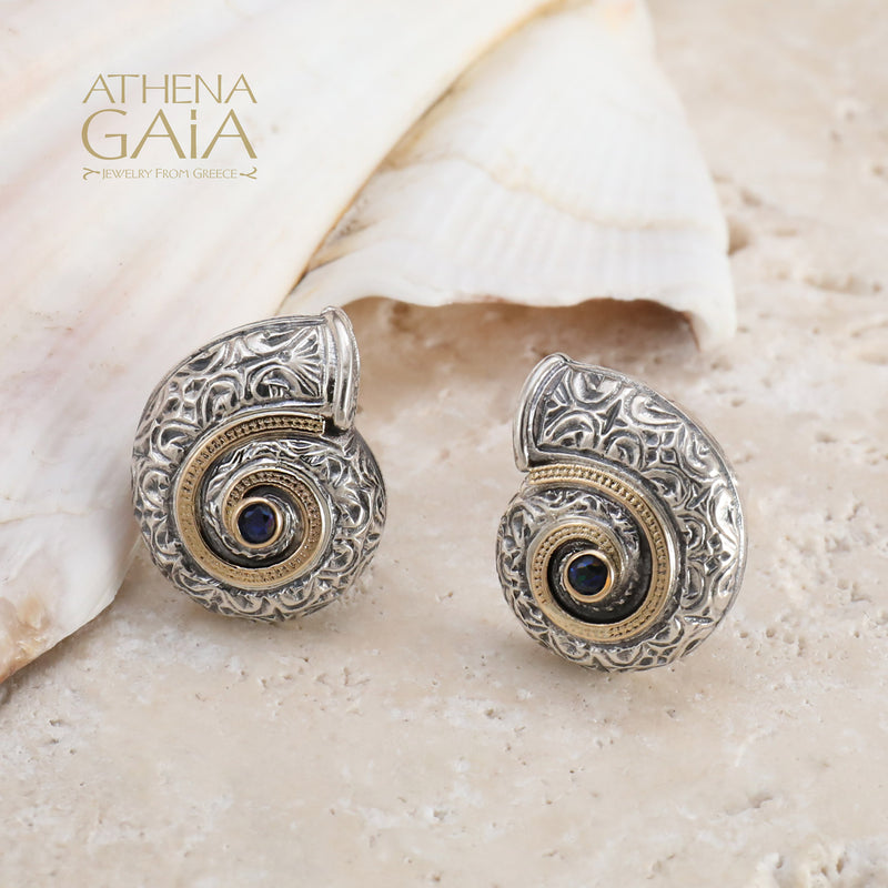 Thalassa Sea Snail with Stone Post Earrings - 18k Gold & Sterling Silver Earrings