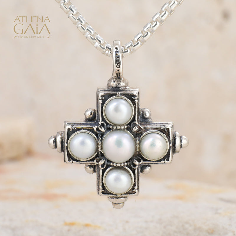 Rustic Silver Five Pearl Cross (Large) - Sterling Silver - Greek Cross Necklace