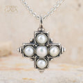 Rustic Silver Five Pearl Cross (Large) - Sterling Silver - Greek Cross Necklace