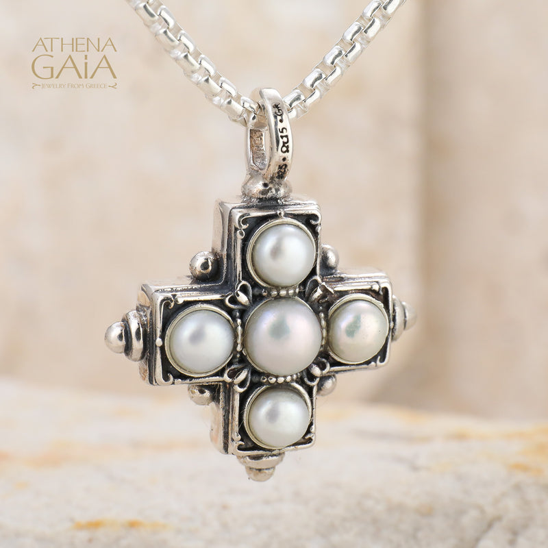 Rustic Silver Five Pearl Cross (Large) - Sterling Silver - Greek Cross Necklace