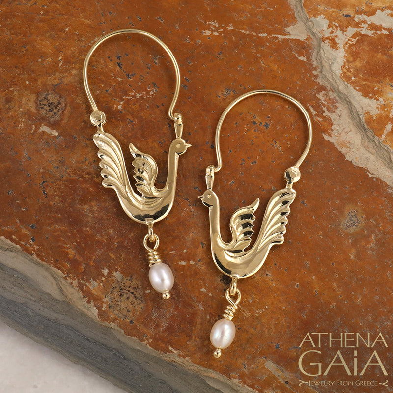Dove with Pearl Earrings - 18k Gold - Pearl Drop Earrings
