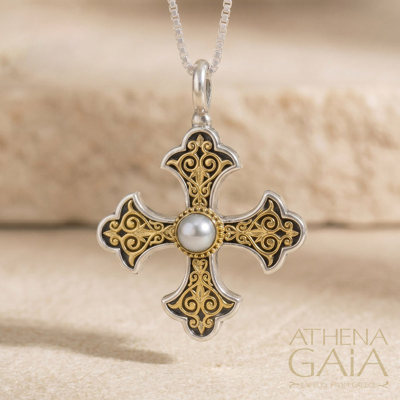 Aretousa Pearl Fleury Cross (Large) - 18k Gold & Sterling Silver - Orthodox Cross