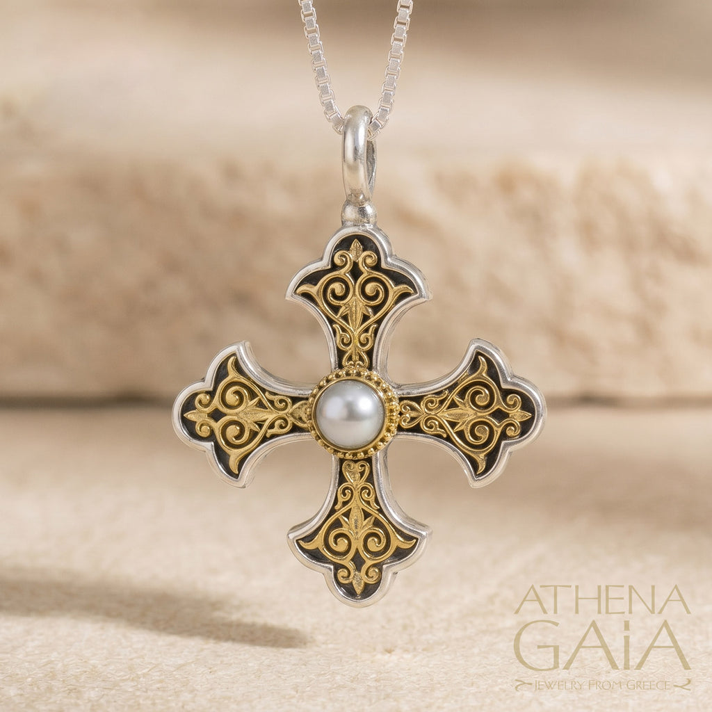 Aretousa Pearl Fleury Cross (Large) - 18k Gold & Sterling Silver - Orthodox Cross