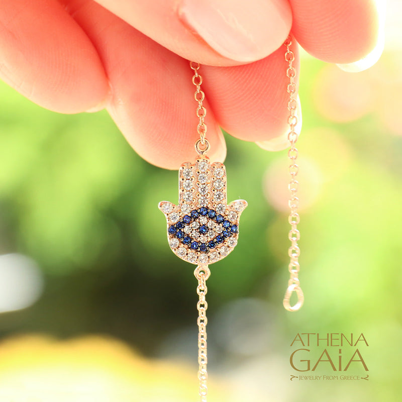 Hand of Fatima Evil Eye Bracelet - 14k Rose Gold - Evil Eye Bracelet (In-Stock)
