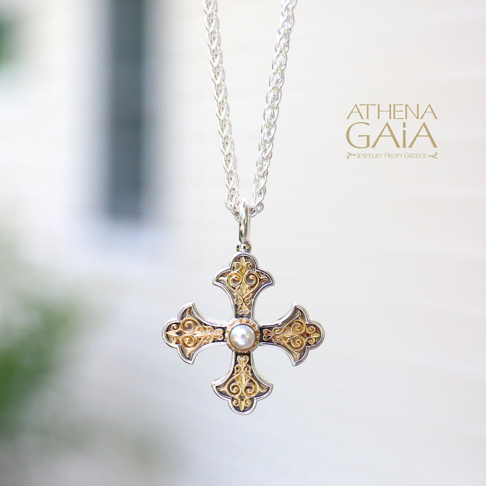 Aretousa Pearl Fleury Cross (Large) - 18k Gold & Sterling Silver - Orthodox Cross