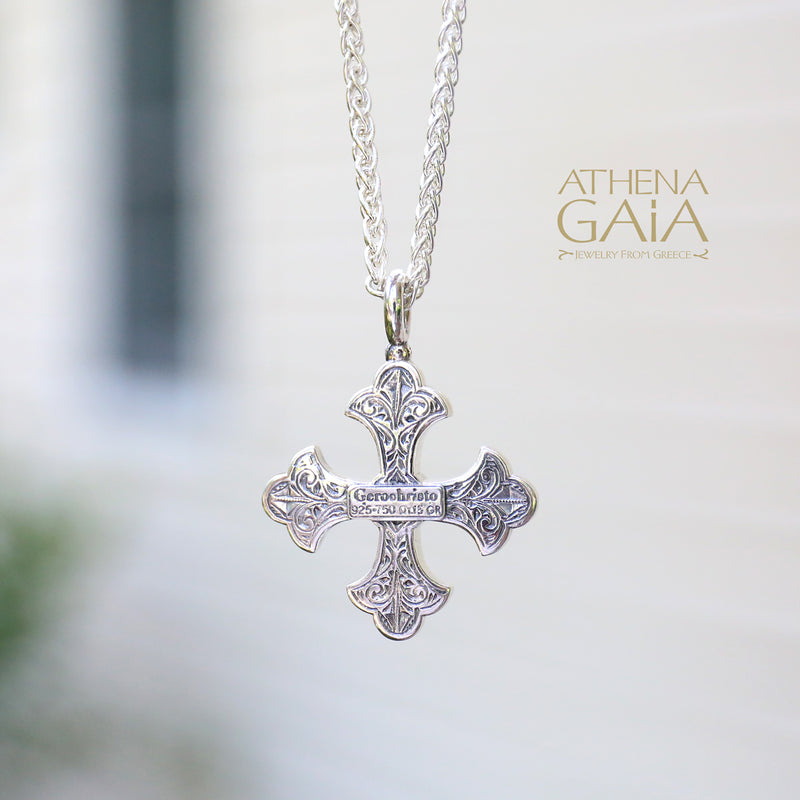 Aretousa Silver Faced Pearl Greek Cross (Large) - 18k Gold & Sterling Silver - Orthodox Cross