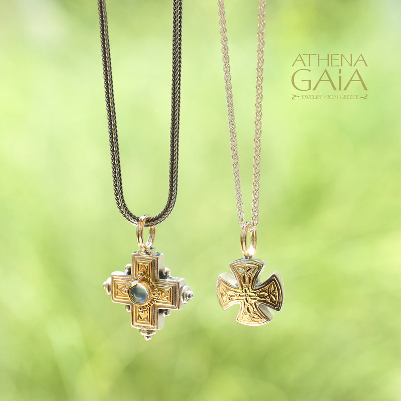 Rustic Stone Cross (Small) - 18k Gold & Sterling Silver - Greek Cross Necklace