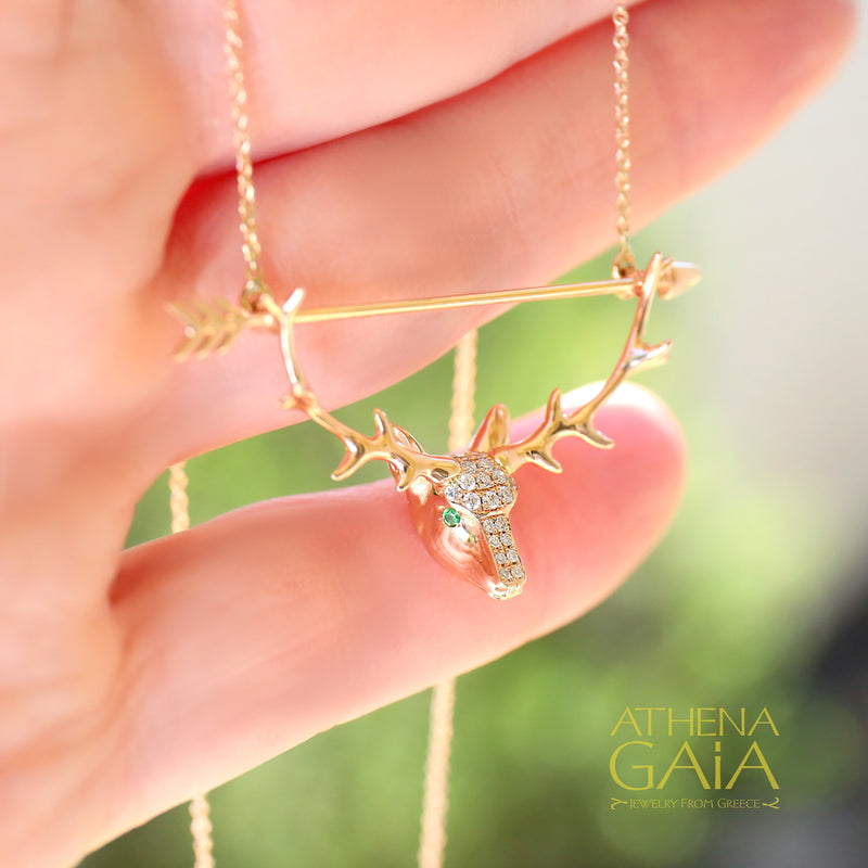 Olympian Artemis Deer and Arrow Pendant Necklace - 18k Gold Necklace