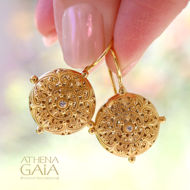 Kallisto Round Filigree Earrings - Sterling Silver with optional Plating - French Wire Earrings