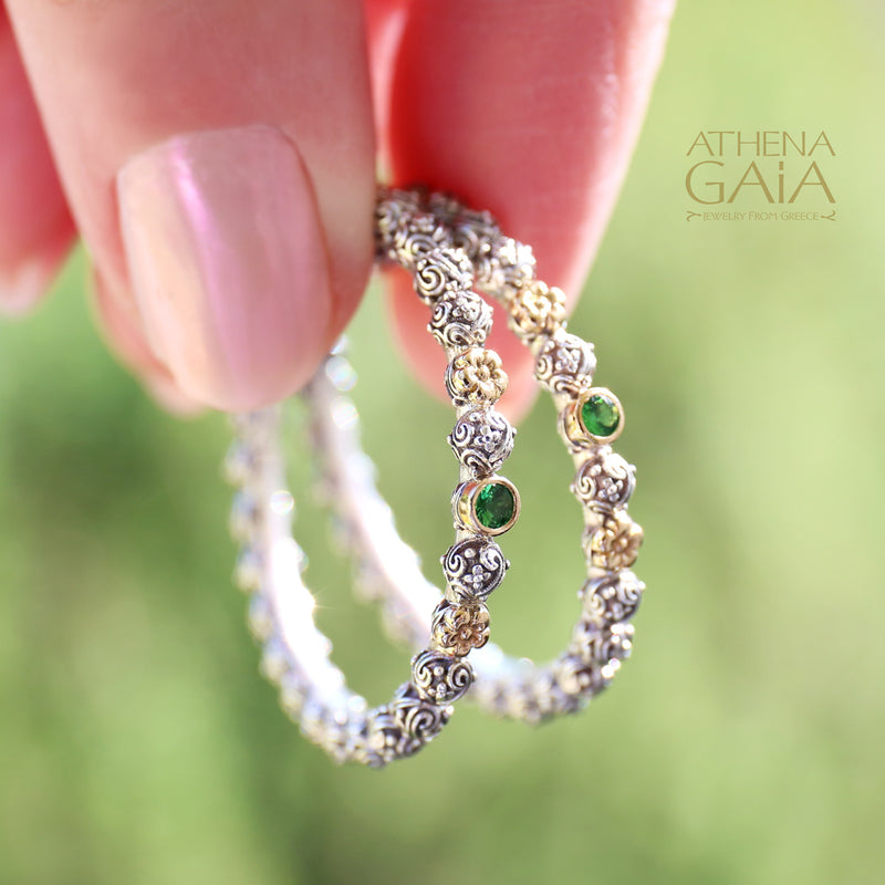 Wild Flowers Single Round Stone Earrings (Large) - 18k Gold & Sterling Silver - Hoop Earrings