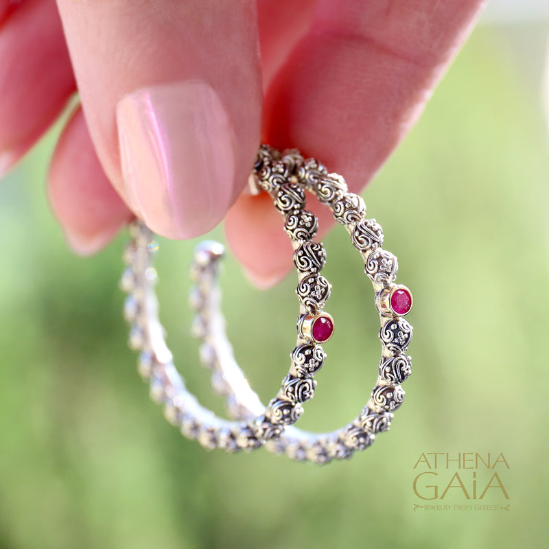 Meadow Breeze Single Round Stone Earrings (Large) - 18k Gold & Sterling Silver - Hoop Earrings