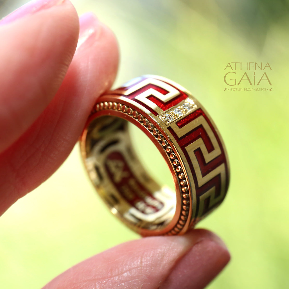 Eternal Greek Key Enamel Ring - 18k Gold Ring - Cigar Band Ring