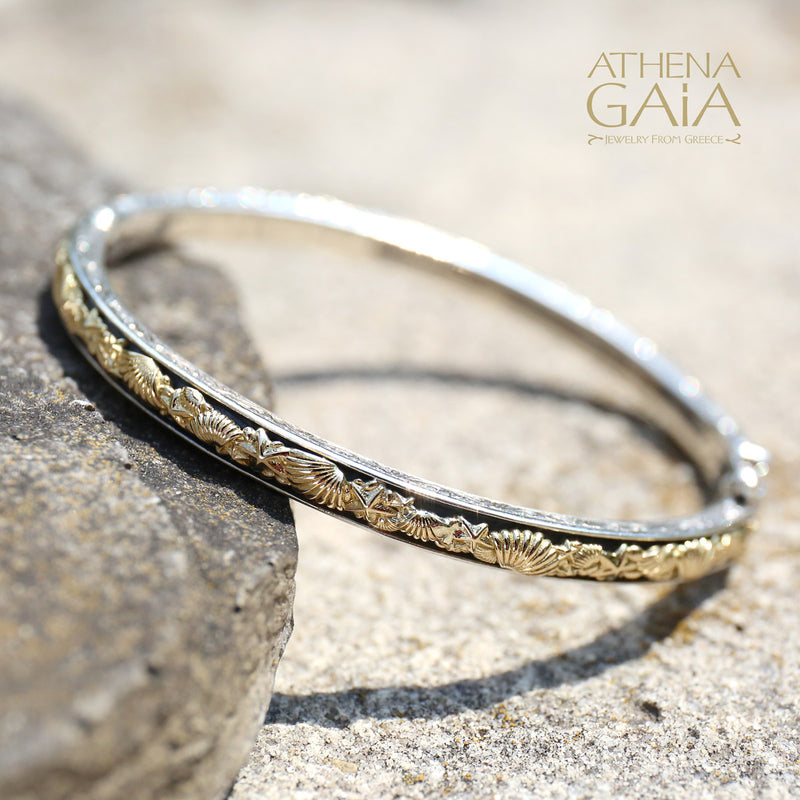 Thalassa Seashells Bracelet - 18k Gold and Sterling Silver - Hinged Bangle Bracelet