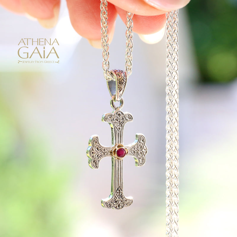 Fleury Cross With Ruby - Sterling Silver - Flared Cross
