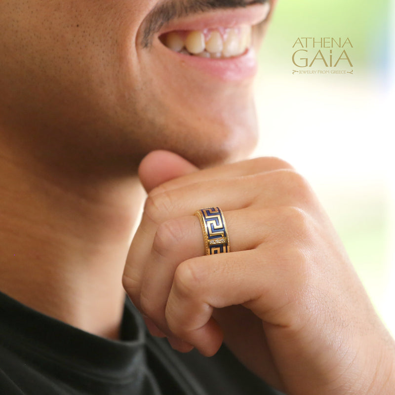 Eternal Greek Key Enamel Ring - 18k Gold Ring - Cigar Band Ring