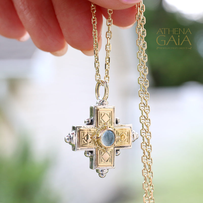 Rustic Stone Cross (Large) - 18k Gold & Sterling Silver - Greek Cross Necklace