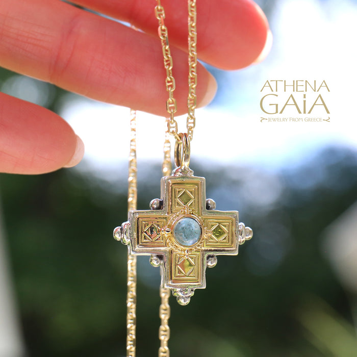 Large Rustic Gold Greek Cross with Stone