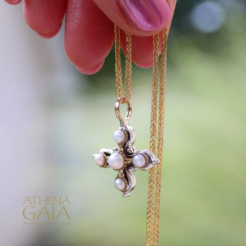 Santorini Elevated Pearl Pomme Cross - 18k Gold & Sterling Silver - Cross Necklace