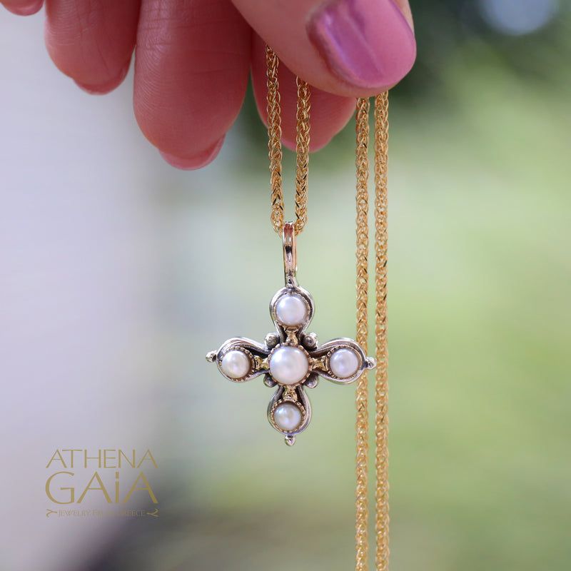 Santorini Elevated Pearl Pomme Cross - 18k Gold & Sterling Silver - Cross Necklace