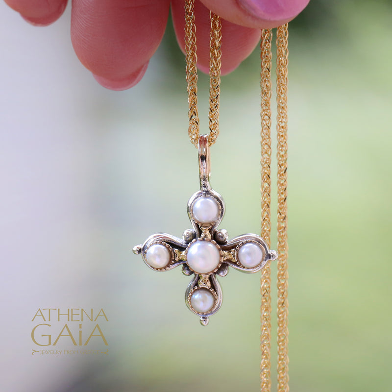 Santorini Elevated Pearl Pomme Cross - 18k Gold & Sterling Silver - Cross Necklace